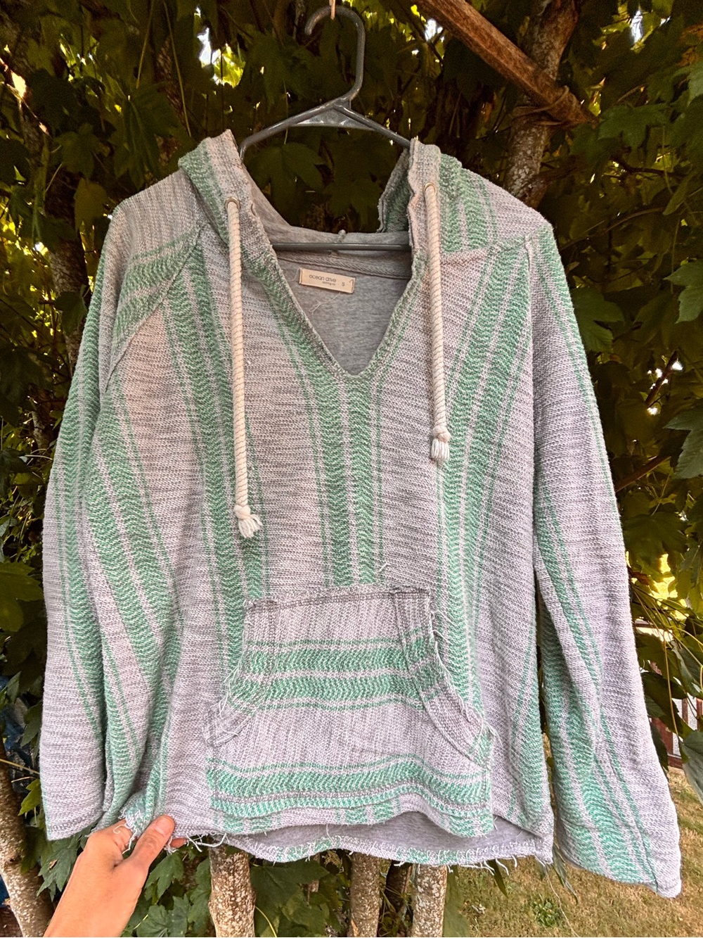 Baja Style Hooded Pullover in Light Gray and Mint Green Size Small